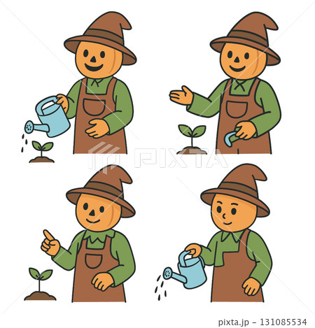 Pumpkin head, gardener, watering can, plant, soil, cartoon character, happy emotion 131085534