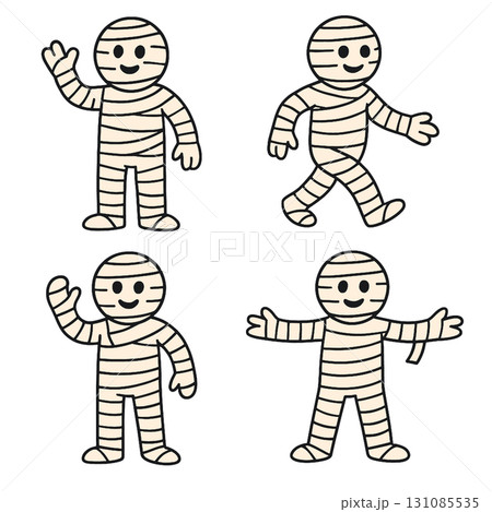 Cartoon mummy character, wrapped in bandages, smiling, waving, walking, arms open, playful mood 131085535