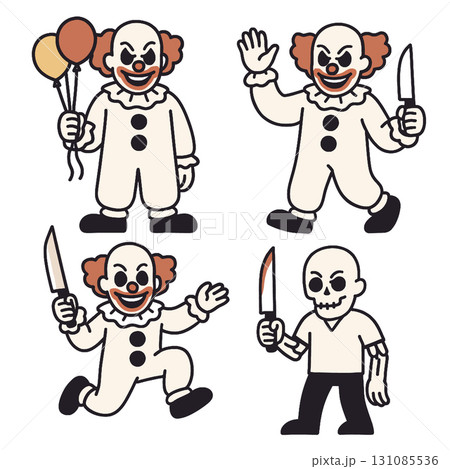 Scary clown holding balloons and knife, cartoon style, horror, Halloween, red hair, white suit 131085536