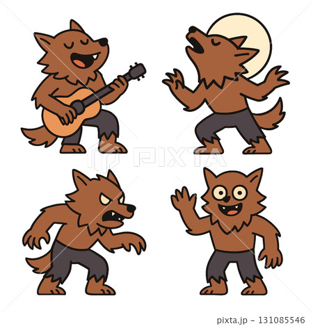 Cartoon werewolf playing guitar, howling at moon, angry, and waving, joyful and expressive 131085546