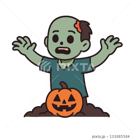 Zombie cartoon, green skin, rising from ground, pumpkin, Halloween, spooky, cute style Zombie cartoon, green skin, rising from ground, pumpkin, Halloween, spooky, cute style 131085584