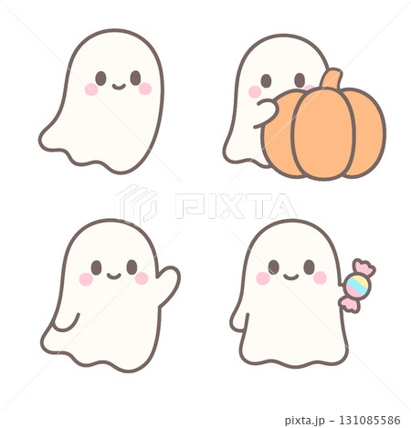 Cute ghost cartoon pumpkin candy waving happy Halloween white background kawaii style 131085586