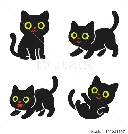 Black cat cartoon cute playful happy green eye sitting walking rolling isolated white background 131085587