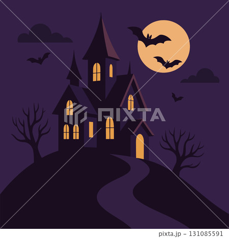 Haunted house, full moon, bats, dark sky, spooky trees, Halloween night, silhouette 131085591