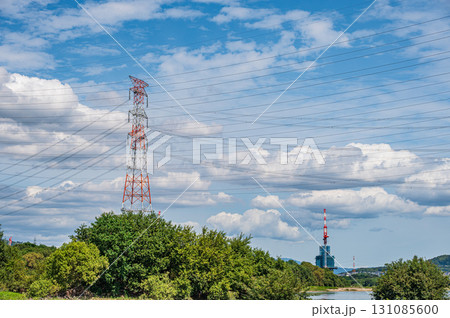 淀川の河川敷に立つ鉄塔　大阪府高槻市 131085600