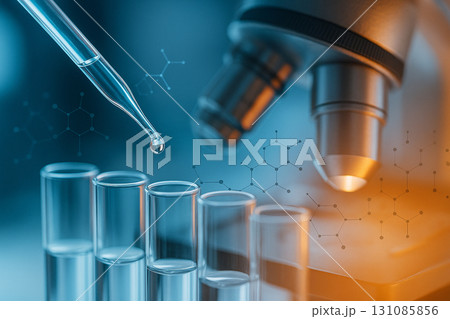 AI generated scientist hand using pipette with test tubes and microscope background showing molecular structures and digital science innovation in modern laboratory 131085856