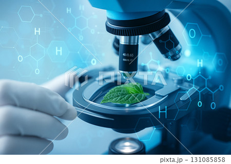 AI generated conceptual image of scientist using microscope to examine green leaf with molecular graphics and chemical symbols representing biotechnology and environmental research 131085858