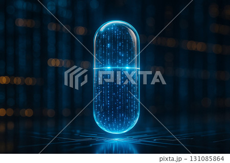 AI generated ultra realistic artwork of a glowing transparent blue capsule filled with digital data streams floating in a futuristic cyber background with energy light effects 131085864