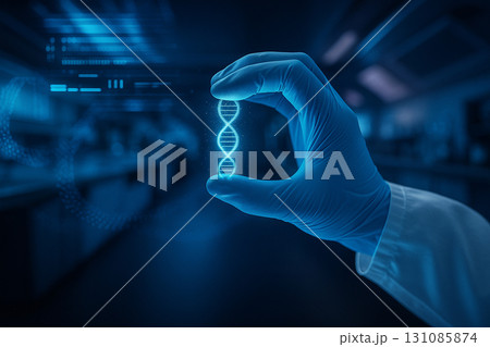 AI generated of gloved hand holding glowing DNA helix with holographic graphics in high tech laboratory symbolizing biotechnology genetics innovation precision medicine advanced scientific research 131085874