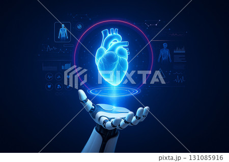 AI generated ultra realistic futuristic medical scene with robotic hand projecting glowing 3D holographic human heart surrounded by digital data and healthcare technology interface 131085916