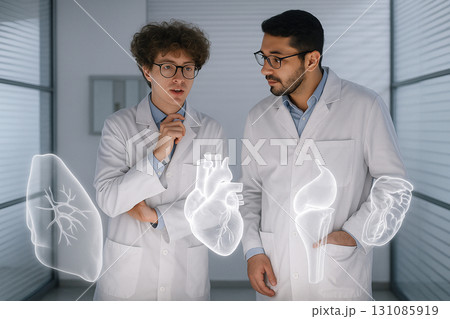 AI generated ultra realistic scene of two doctors in white coats discussing and analyzing glowing holographic human organs in modern futuristic medical science laboratory 131085919