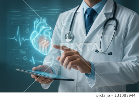 AI generated doctor in white coat using holographic heart and digital health data symbolizing modern healthcare innovation precision medicine trustworthy medical technology for future health solutions 131085944