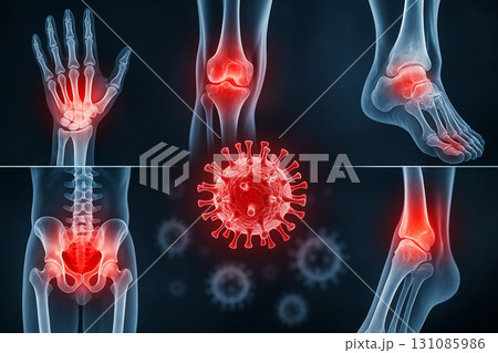 AI generated ultra realistic medical graphic showing human bones and joints with red glowing inflammation points and virus cells representing arthritis pain gout and infection related health issues 131085986