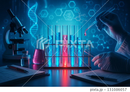 AI generated ultra realistic biotechnology laboratory scene with glowing test tubes microscope DNA helix and scientist hand symbolizing precision innovation discovery and future medical research 131086057