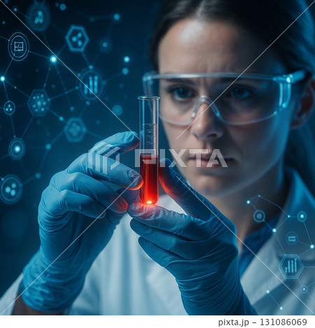 AI generated female scientist holding test tube with red liquid surrounded by holographic digital symbols representing genetics medical research and biotechnology innovation in modern laboratory 131086069