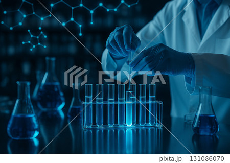 AI generated ultra realistic image of a scientist in modern laboratory holding test tube with glowing liquid surrounded by molecular structures and digital graphics symbolizing genetic research 131086070