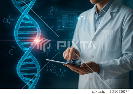 AI generated conceptual biotechnology image showing a scientist using tablet with glowing DNA helix and digital data integration symbolizing genetic research and future medical innovation 131086074