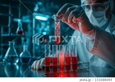 AI generated ultra realistic image of scientist working in modern laboratory with glowing DNA test tubes symbolizing genetic research innovation and advanced biotechnology 131086093