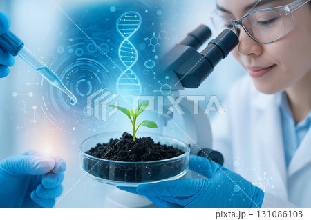 AI generated scientist holding petri dish with sprout soil pipette and microscope combined with holographic molecular graphics symbolizing biotechnology smart agriculture and sustainability 131086103