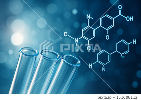 AI generated image of three glass test tubes with holographic molecular structures and chemical formulas in blue tones symbolizing chemistry biology biotechnology and scientific research 131086112