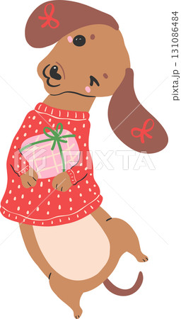 Christmas Dog Dachshund in Sweater Holding Gift Cartoon Christmas Dog Dachshund in Sweater Holding Gift Cartoon 131086484