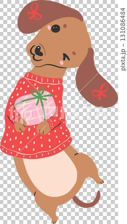 Christmas Dog Dachshund in Sweater Holding Gift Cartoon Christmas Dog Dachshund in Sweater Holding Gift Cartoon 131086484