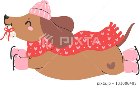 Christmas Dog Dachshund with Bone and Winter Accessories Cartoon 131086485