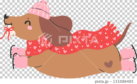Christmas Dog Dachshund with Bone and Winter Accessories Cartoon 131086485