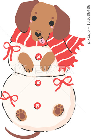 Christmas Dog Dachshund Dressed as Snowman Cartoon 131086486