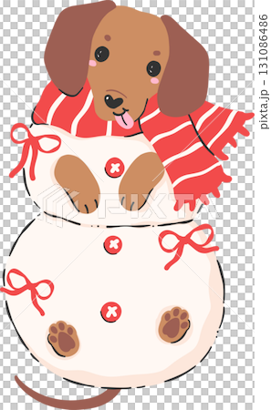 Christmas Dog Dachshund Dressed as Snowman Cartoon 131086486