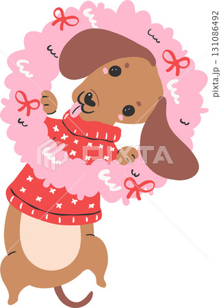 Christmas Dog Dachshund in Pink Wreath and Sweater Cartoon 131086492