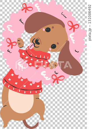 Christmas Dog Dachshund in Pink Wreath and Sweater Cartoon 131086492