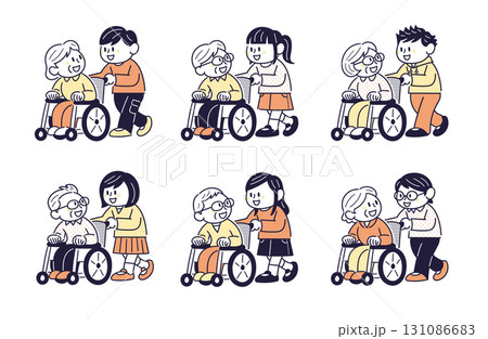 老人が乗る車椅子を押す子どもセット 131086683