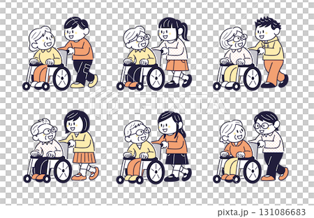 Children pushing an elderly person's wheelchair set 131086683