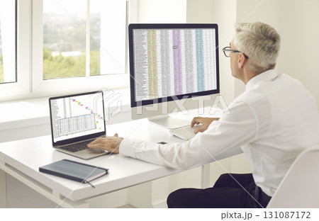 Man sitting at office desk and making Gantt chart using laptop and desktop computer 131087172