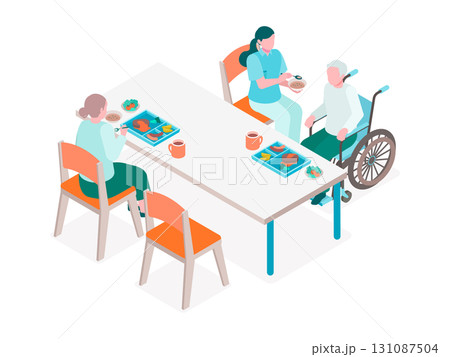 アイソメトリックの介護施設食堂で介護士が食事介助をするイラスト 131087504