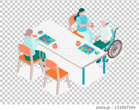 アイソメトリックの介護施設食堂で介護士が食事介助をするイラスト 131087504