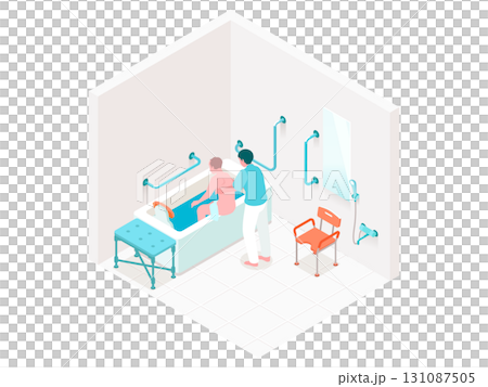 アイソメトリックの介護施設で入浴介助をするイラスト 131087505