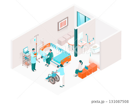 アイソメトリックの病院個室とトイレ付き病室のイラスト 131087508