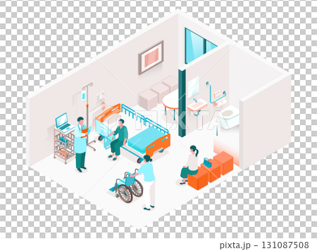 アイソメトリックの病院個室とトイレ付き病室のイラスト 131087508