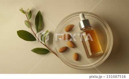 Glass bottle serum blank container with almond extract in glass plate Glass bottle serum blank container with almond extract in glass plate 131087516