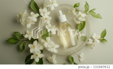 Jasmine flower oil extract on bottle glass liquid serum in white table 131087612