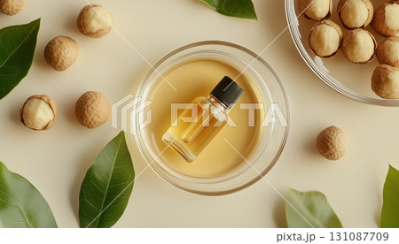 Macadamia buts oil extract and liquid bottle natural ingredient flay lay photo Macadamia buts oil extract and liquid bottle natural ingredient flay lay photo 131087709