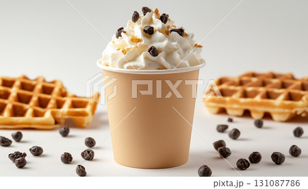 Waffle and sweet cream on paper cup disposable delivery take away order 131087786