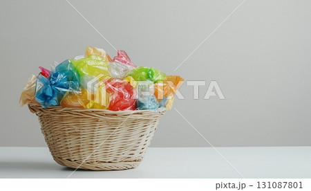 Plastic waste after shopping in grocery on rattan basket white background 131087801