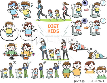 ダイエットを頑張るぽっちゃり体型の子供たち イラスト セット ダイエットを頑張るぽっちゃり体型の子供たち イラスト セット 131087821