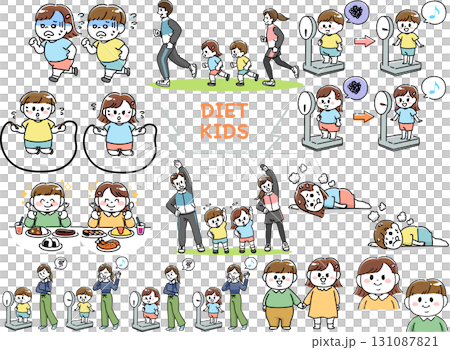ダイエットを頑張るぽっちゃり体型の子供たち イラスト セット ダイエットを頑張るぽっちゃり体型の子供たち イラスト セット 131087821