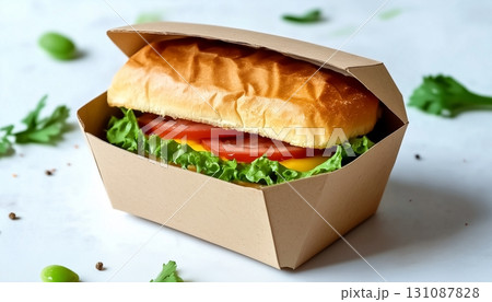 Fast food sandwich on paper bowl craft disposable restaurant in white table 131087828