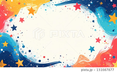 《AI画像》カラフルな星を散りばめたイラストのフレーム素材 131087877