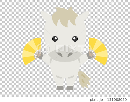 扇子を持った、白馬のキャラクターのイラスト｜午年素材 131088020